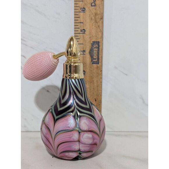Daniel Lotton Signed 1991 Swirled Iridescent Blown Art Glass Perfume Atomizer Bo - Picture 6 of 8